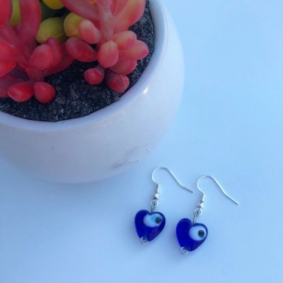 Wild Reiki Evil Eye Glass Heart Dangle Earrings - Picture 2 of 3